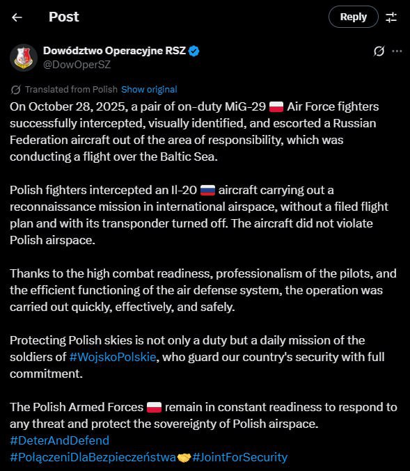 Польские истребители МиГ-29 перехватили российский Ил-20, летевший над Балтийским морем без плана полета и сигнала транспондера