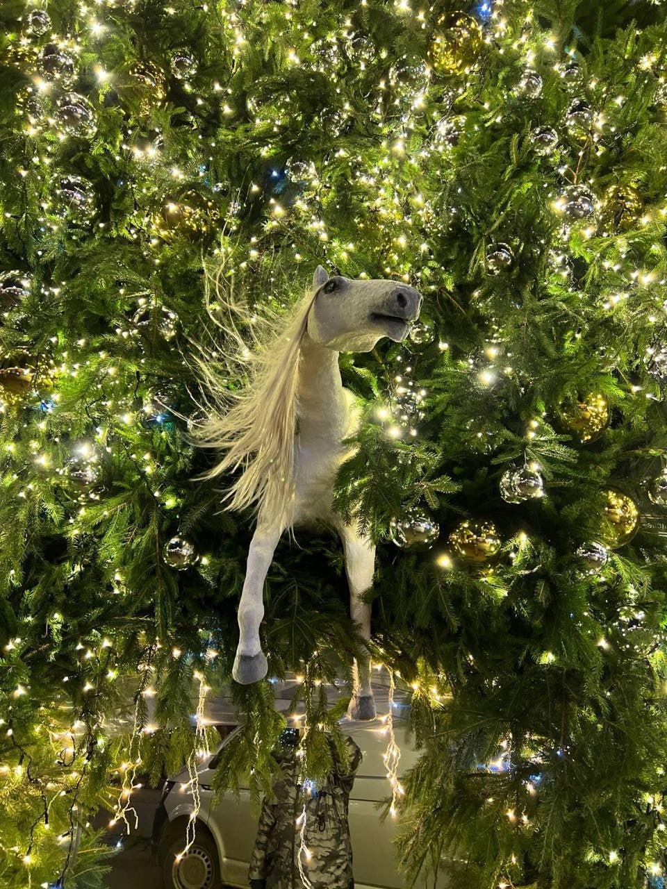 В центре Зеленоградска на ёлку подвесили белую лошадь