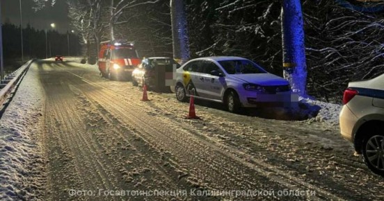 На трассе Калининград — Зеленоградск Volkswagen на прямом участке дороги выехал на встречку и врезался в дерево
