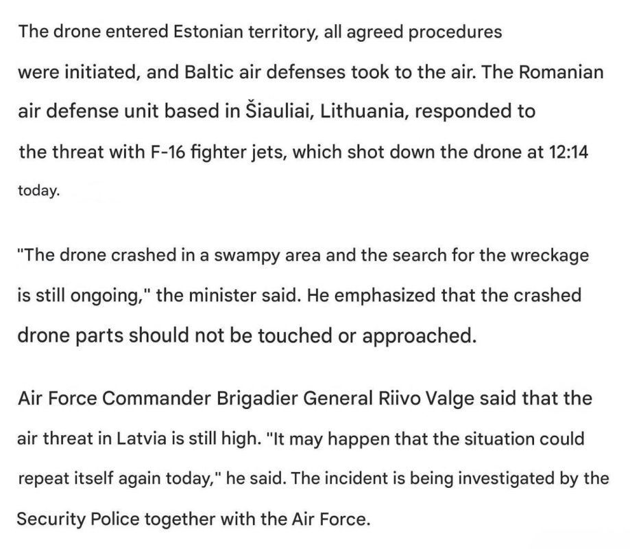По данным балтийского новостного канала Delfi, румынский истребитель F-16, участвовавший в миссии НАТО по воздушному патрулированию Балтийского региона, базирующейся в Шяуляе, Литва, сегодня утром успешно перехватил и сбил...