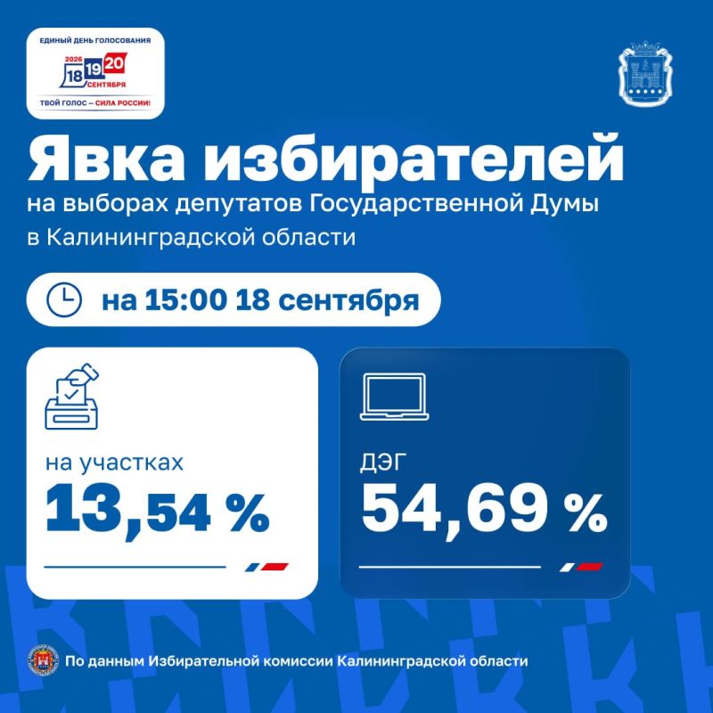 Избирательная комиссия Калининградской области предоставила данные о явке избирателей на 15:00 18 сентября