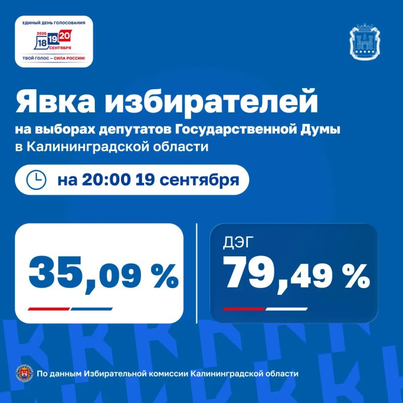 Избирательная комиссия Калининградской области предоставила данные о явке избирателей на 20:00 19 сентября